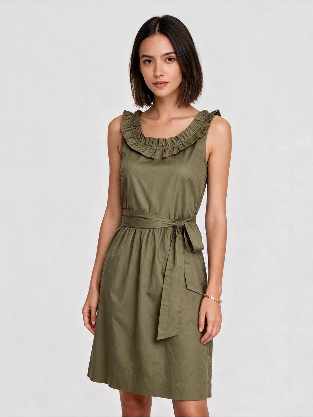 J Crew Ruffle Collar Cotton Sateen Belted Olive Earth Green Dress Size 2